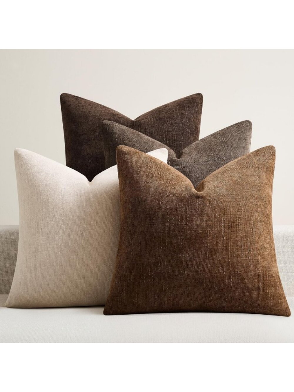 Set of 4 Chenille Throw Pillow Covers 20x20 - Soft Neutral Brown Farmhouse Decor